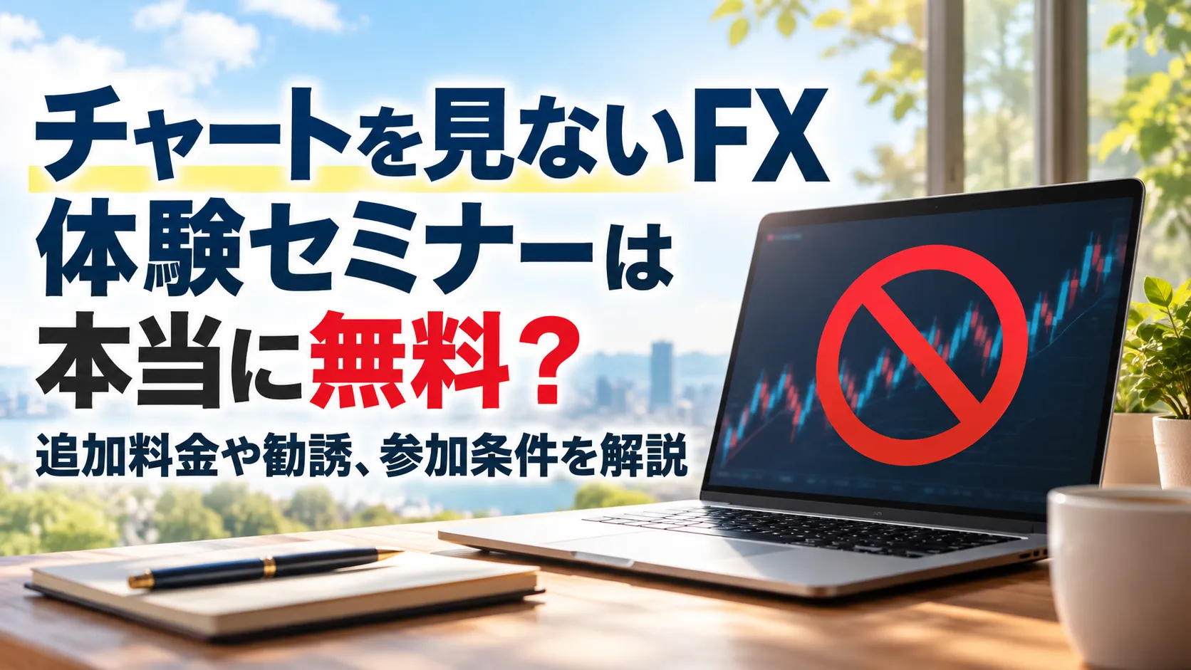 明るい窓辺のノートパソコンにチャートを見ないFXを象徴するマークを配し、無料セミナーの料金や参加条件を大きな文字で示した画像。
